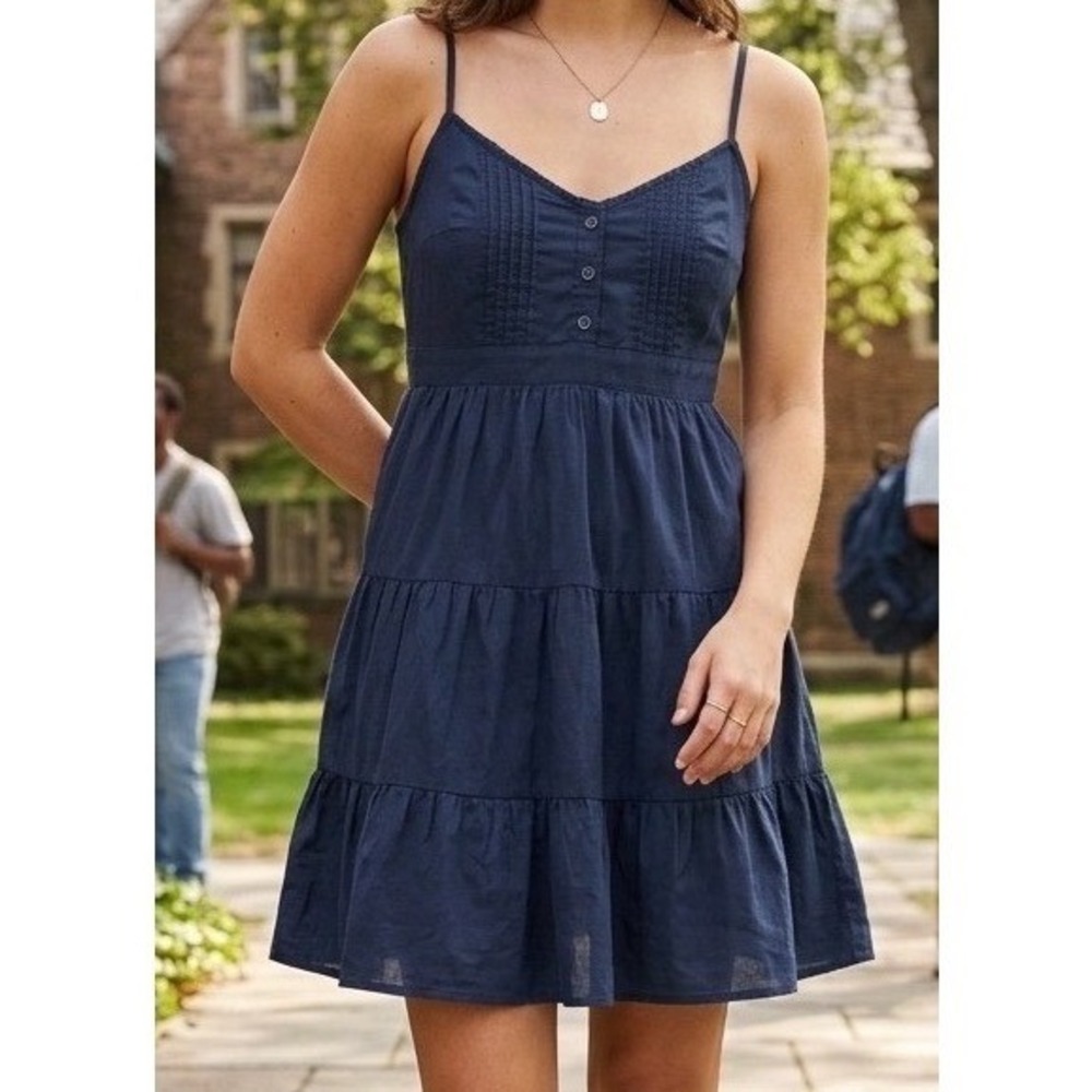 Hollister Navy Blue Tiered Babydoll Dress Smocked Back Cotton Sundress Mini - XL